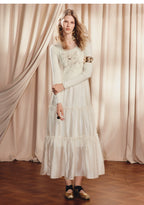 Beige Ruffled Cake Knitted Long Sleeve Dress