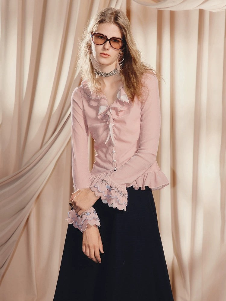 Pink V Neck Ruffled Long-sleeved Top