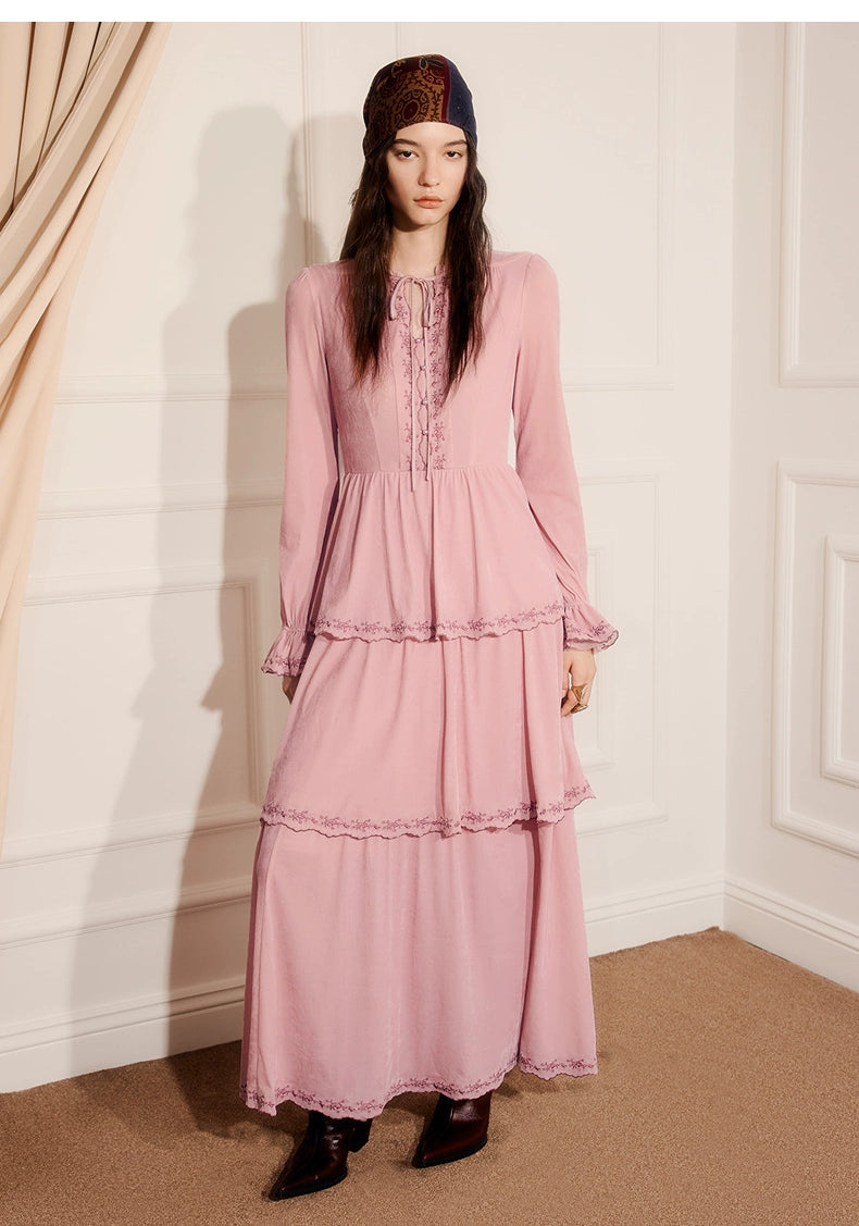 Pink Embroidered Long-sleeved A Line Maxi Dress