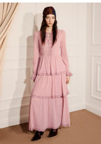 Pink Embroidered Long-sleeved A Line Maxi Dress