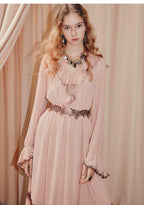 Pink V Neck Long Sleeve Lace Maxi Dress