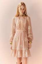 Pink V Neck Ruffles Flower Long Sleeve Mini Dress