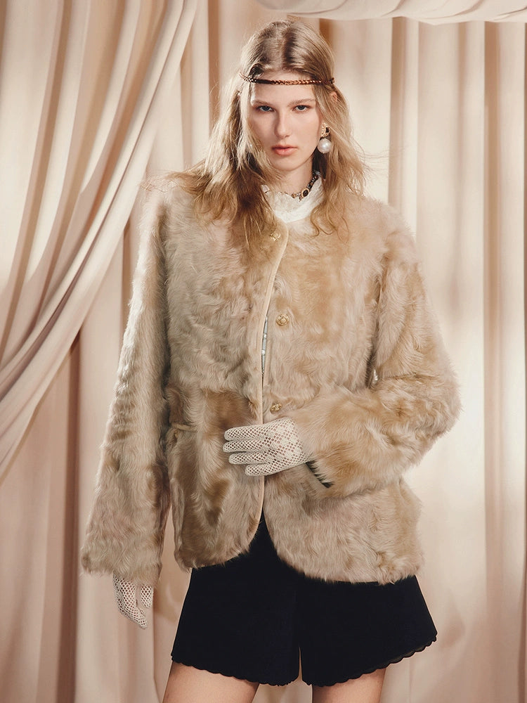 Loose Fit Wool And Leather Round Neck Coat