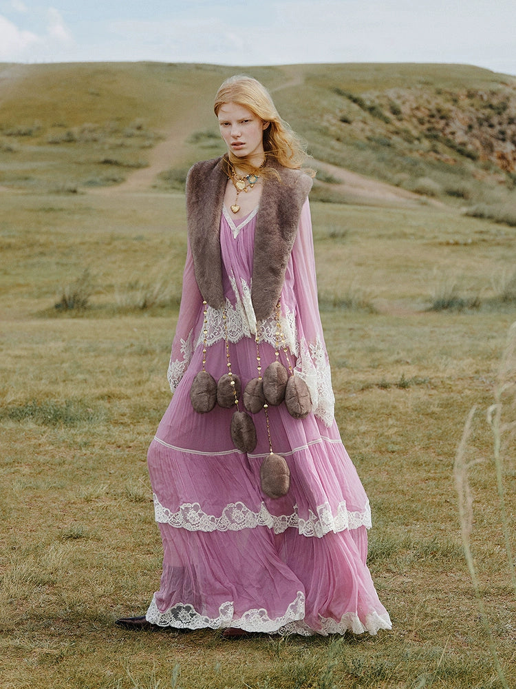 Pink V Neck Long Sleeve Loose Fit Two Piece Dress