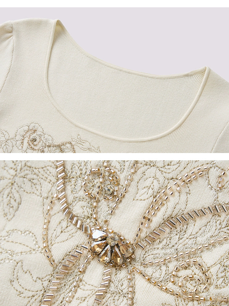 Beige Ruffled Cake Knitted Long Sleeve Dress