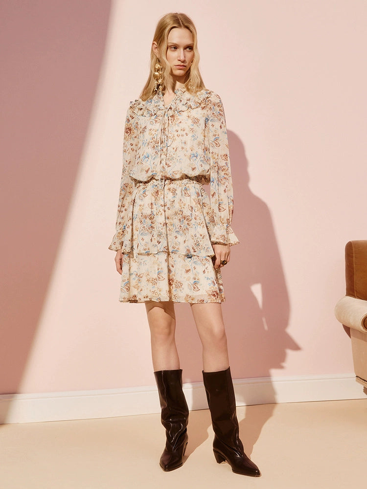 Boho Print Floral Long Sleeve Mini Dress