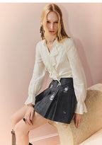 Ruffled V Neck Loose Long Sleeve Satin Top