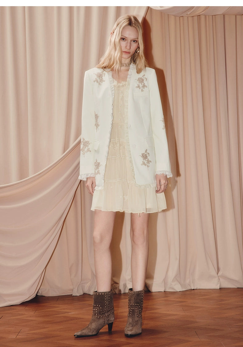 Beige Chiffon V Neck Ruffled Mini Dress