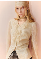 Lace Chiffon V Neck Long Sleeve Top