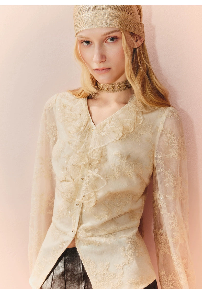 Lace Chiffon V Neck Long Sleeve Top