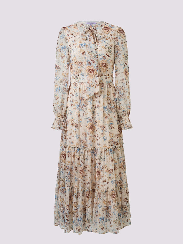 Boho Print Floral V Neck Long Sleeve Maxi Dress