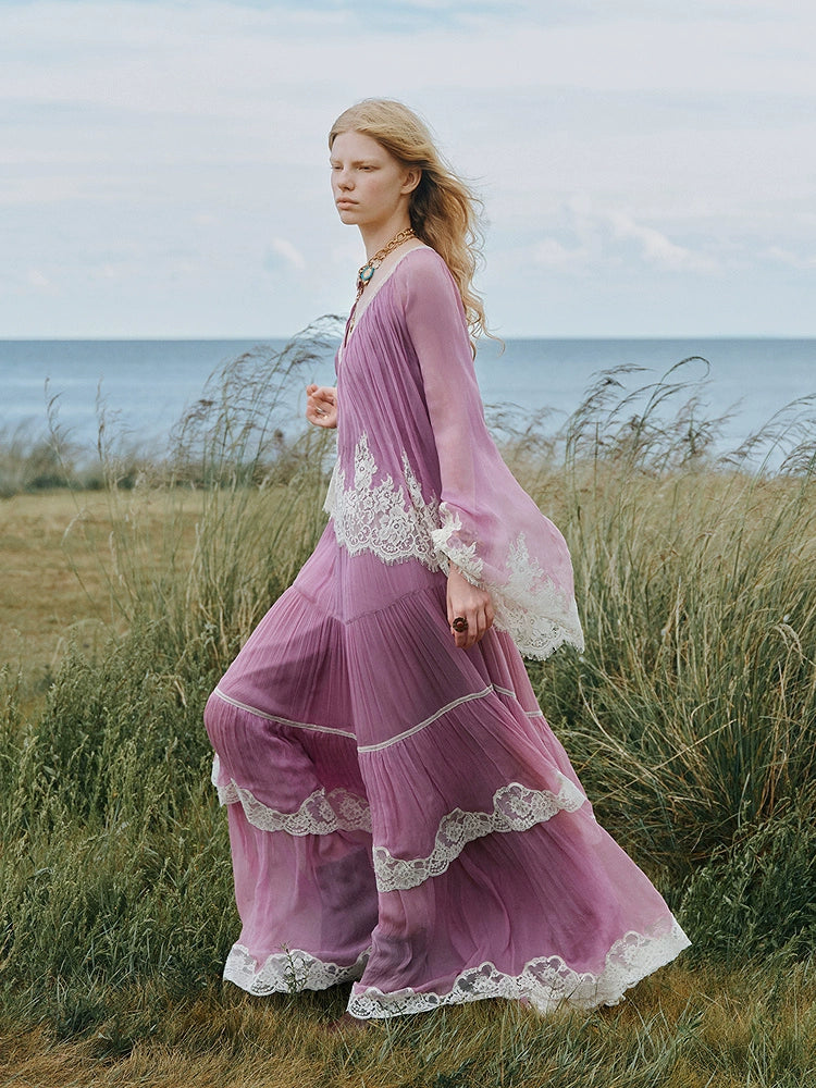 Pink V Neck Long Sleeve Loose Fit Two Piece Dress