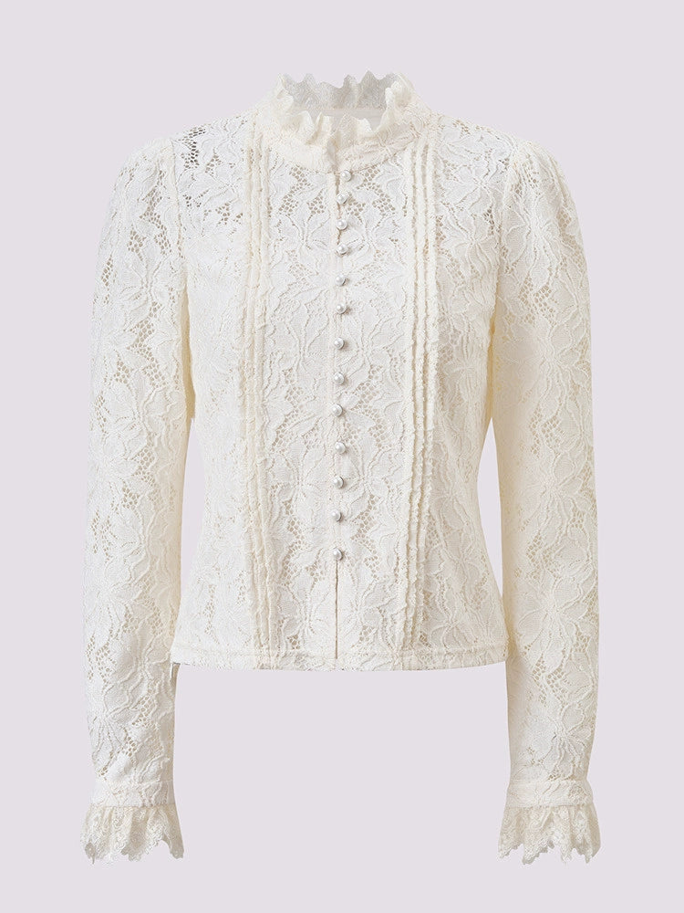 Vintage Lace Long Sleeve Ruffled Blouse