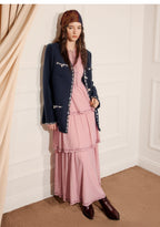 Pink Embroidered Long-sleeved A Line Maxi Dress