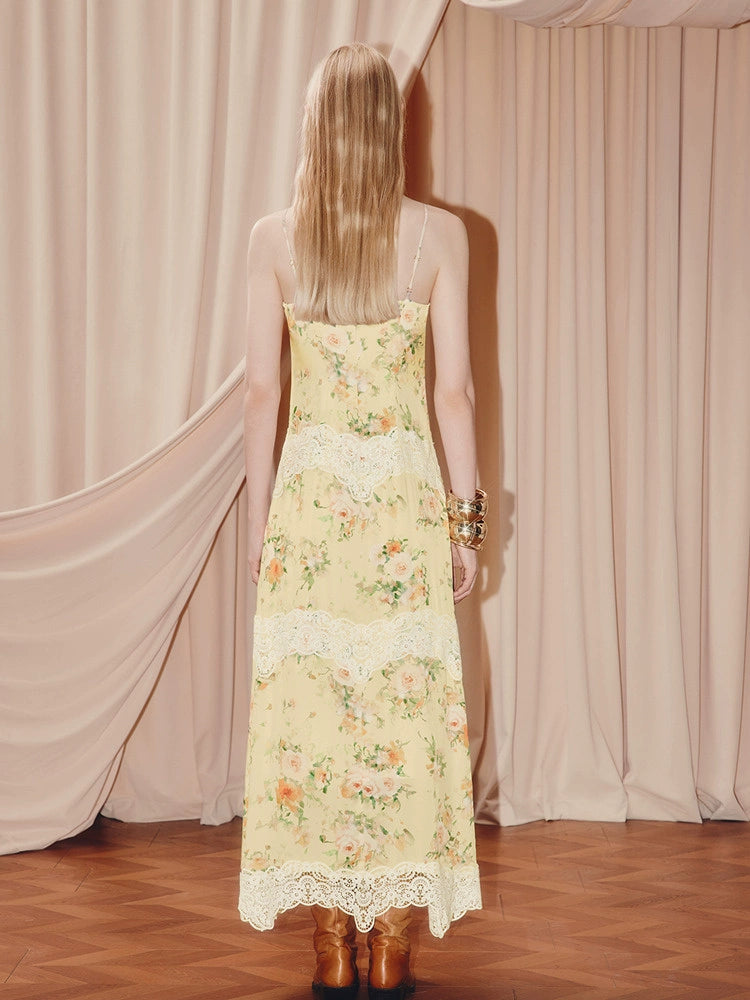 Floral Print Lace V Neck Sleeveless Maxi Dress