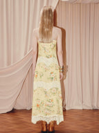 Floral Print Lace V Neck Sleeveless Maxi Dress