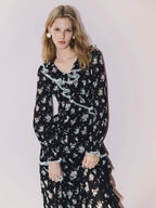Floral Print V Neck Ruffled Long Sleeve Dress