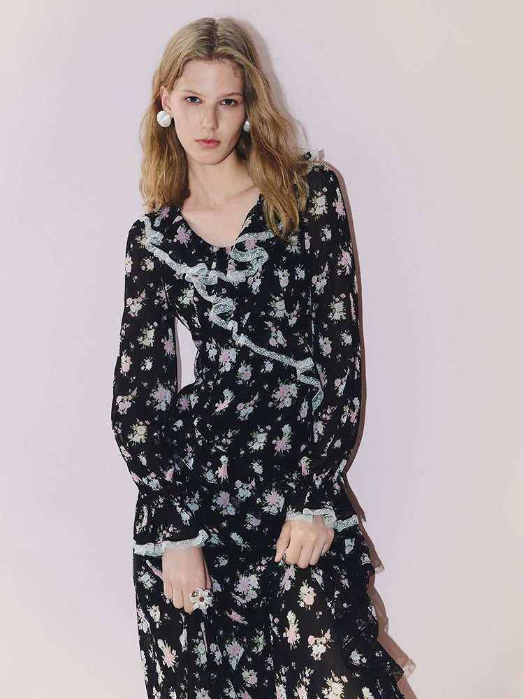 Floral Print V Neck Ruffled Long Sleeve Dress