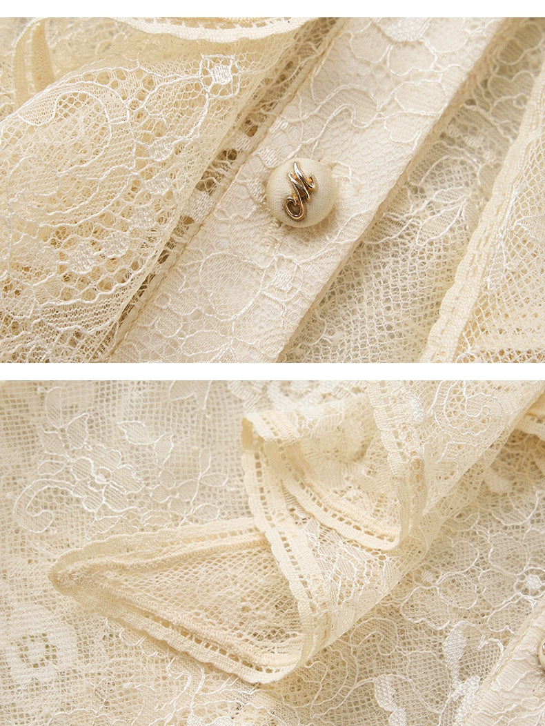 V Neck Ruffled Lace Chiffon Shirt