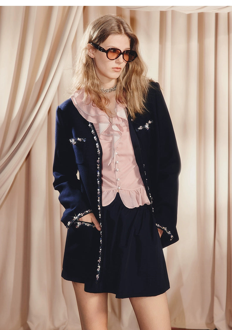 Pink V Neck Ruffled Long-sleeved Top