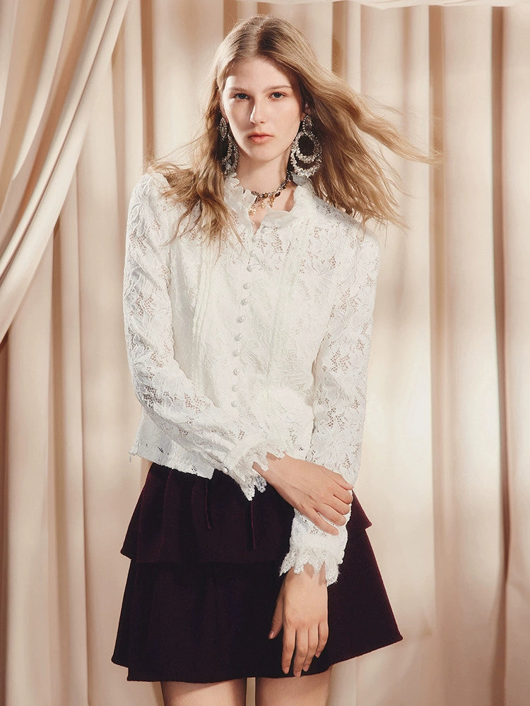 Vintage Lace Long Sleeve Ruffled Blouse