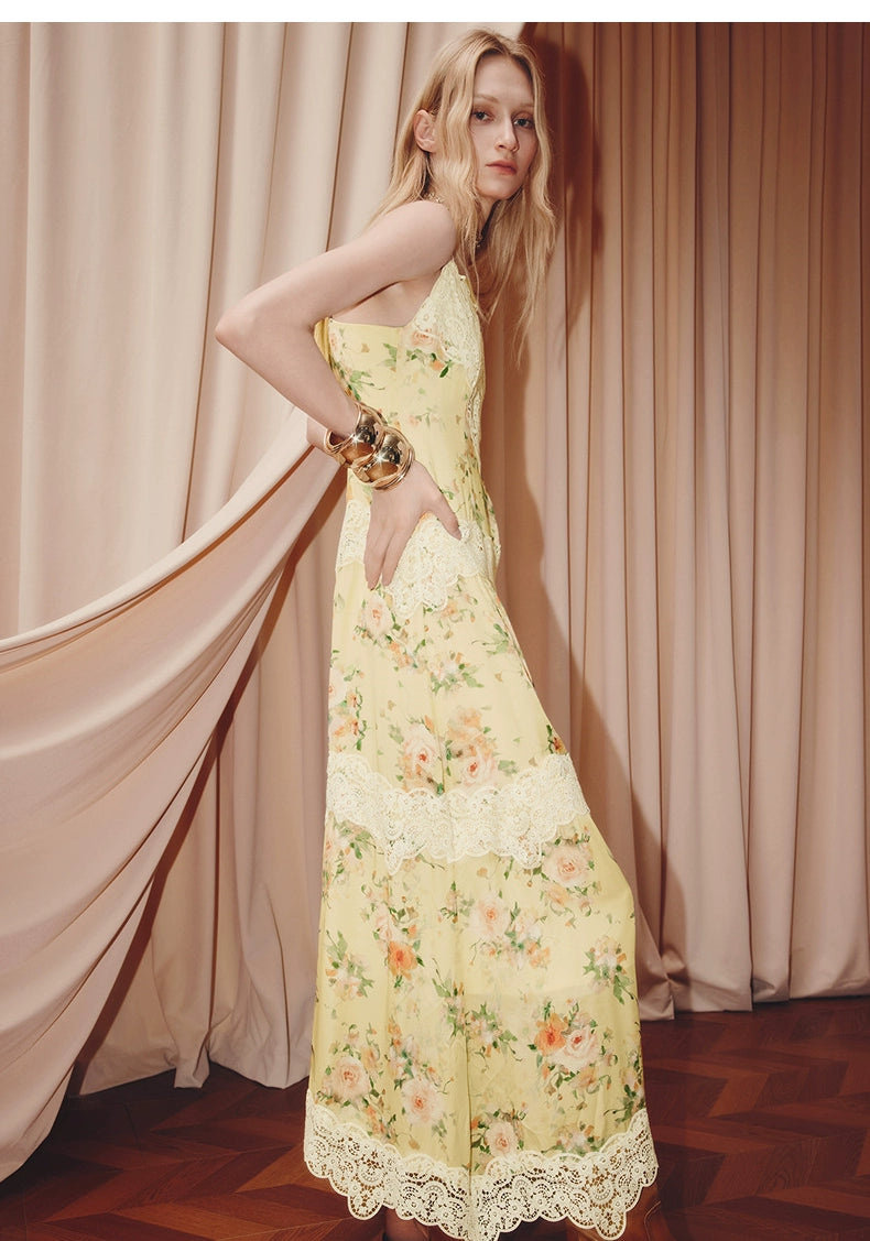 Floral Print Lace V Neck Sleeveless Maxi Dress