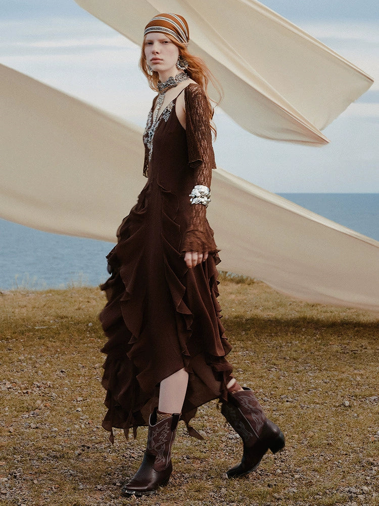 Brown V Neck Ruffled Two-Piece Mini Dress