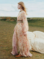 Floral Print V Neck Silk Long Sleeve Maxi Dress