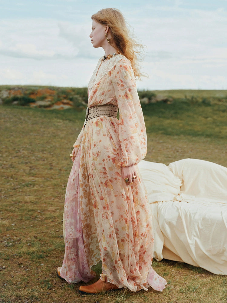 Floral Print V Neck Silk Long Sleeve Maxi Dress