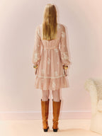 Pink V Neck Ruffles Flower Long Sleeve Mini Dress