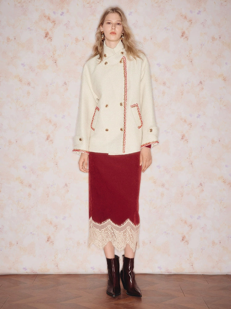 Red Lace Velvet H Shape Long Skirt