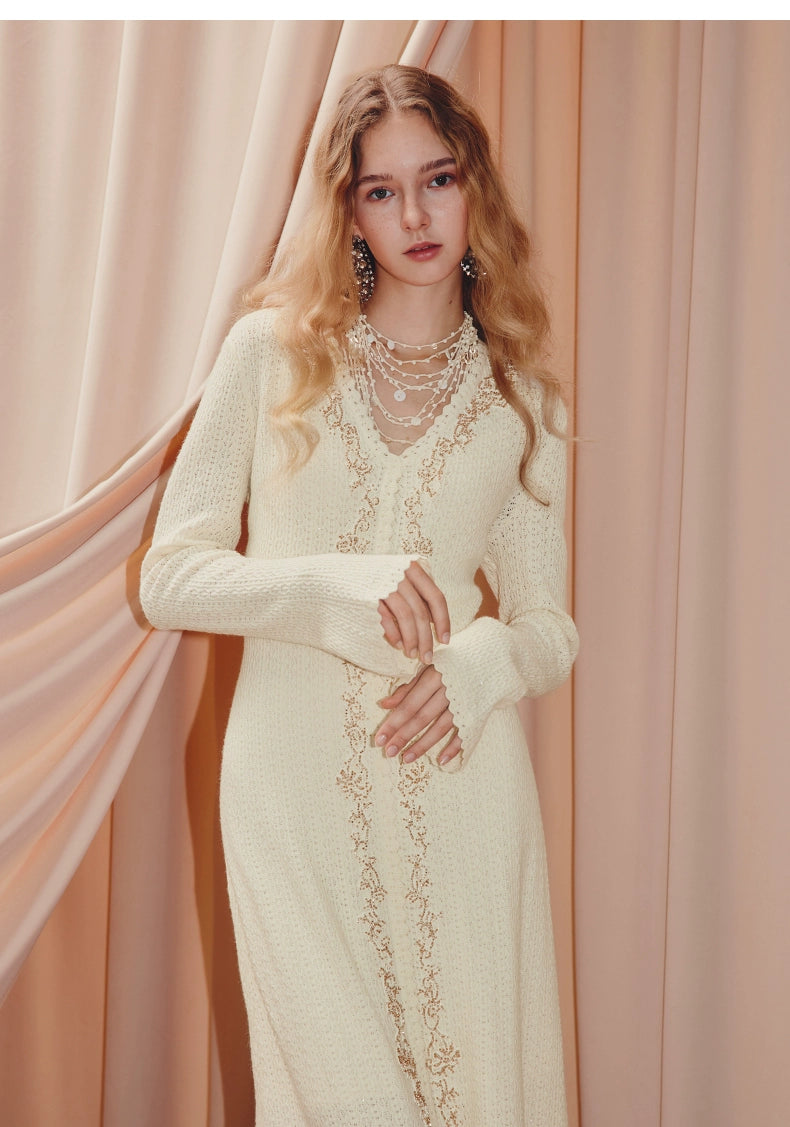 Long Sleeve V Neck Wool Knitted Dress