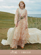 Floral Print V Neck Silk Long Sleeve Maxi Dress