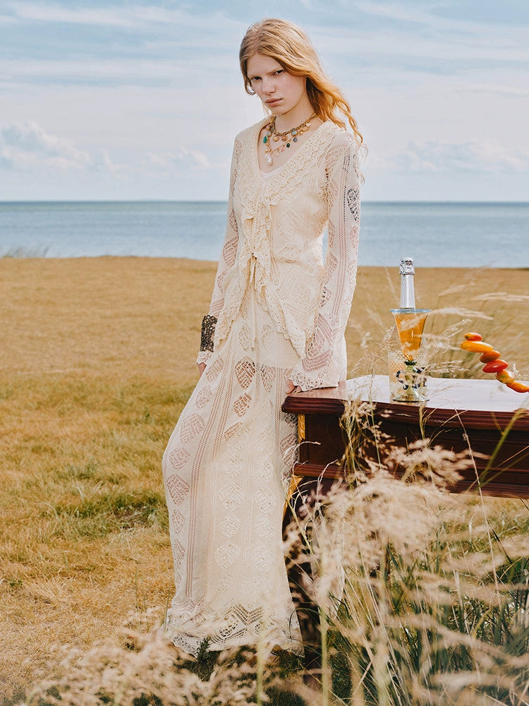 Bohemian V Neck Hollow Long Sleeve Top And Skirt Two-piece Set