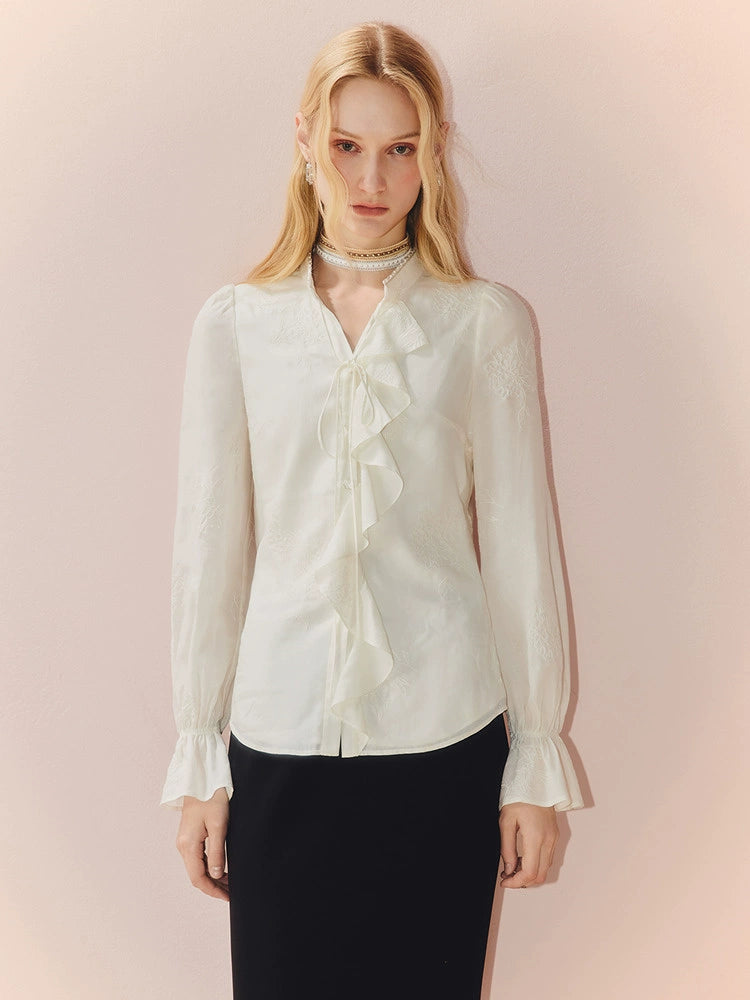 Ruffled V Neck Loose Long Sleeve Satin Top