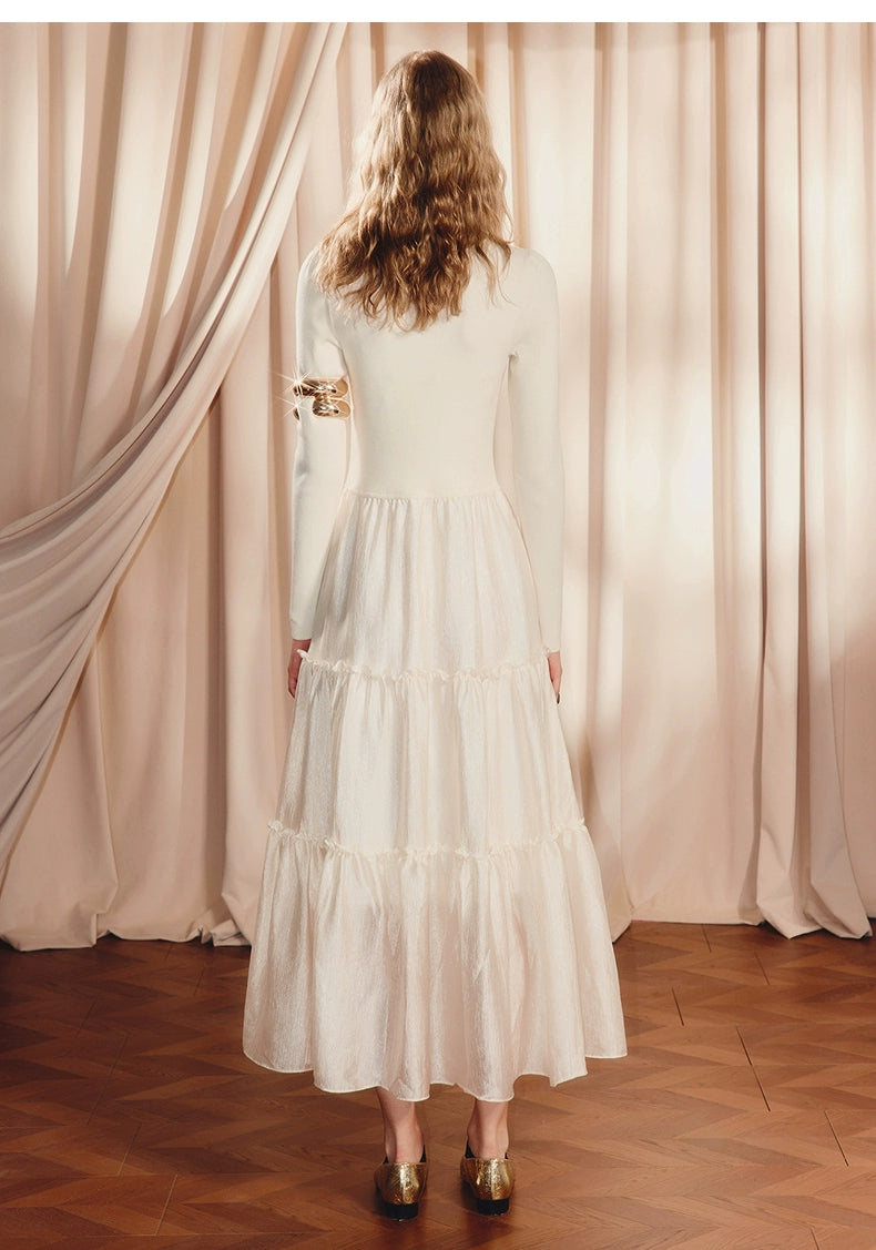 Beige Ruffled Cake Knitted Long Sleeve Dress