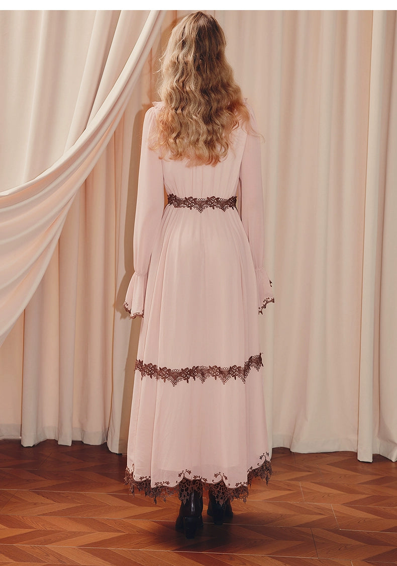 Pink V Neck Long Sleeve Lace Maxi Dress