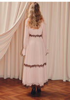 Pink V Neck Long Sleeve Lace Maxi Dress
