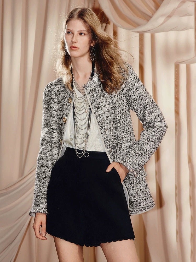 Round Neck Button Front Jacket With Pockets