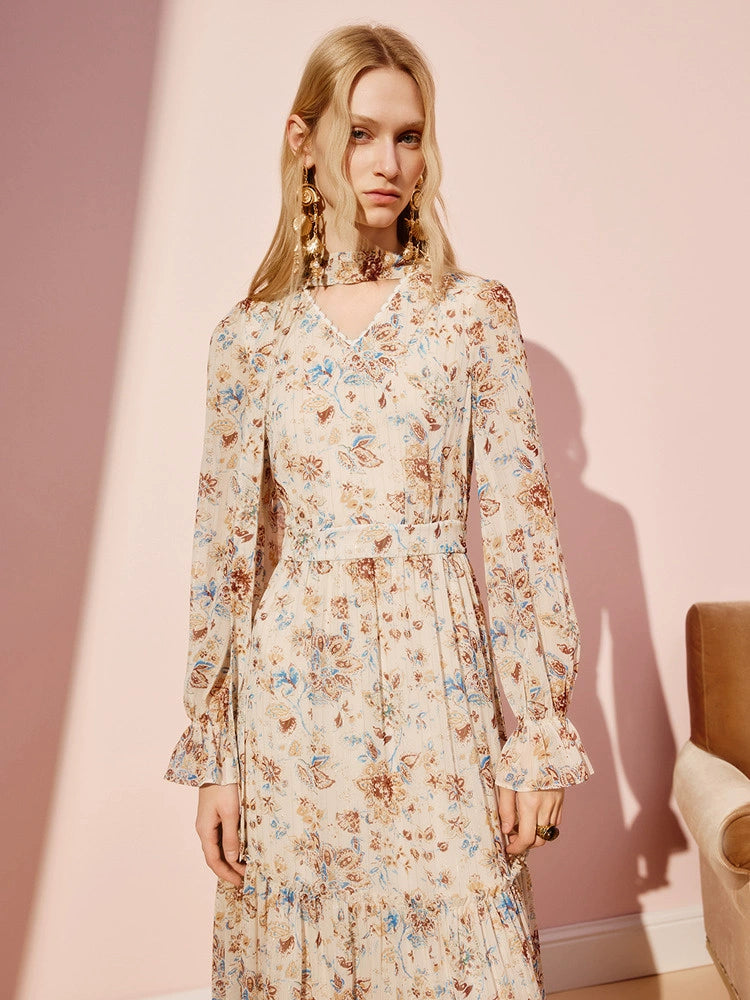 Boho Print Floral V Neck Long Sleeve Maxi Dress