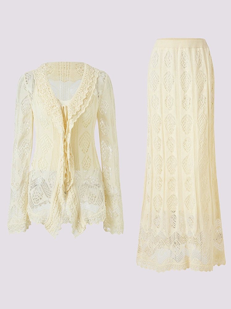 Bohemian V Neck Hollow Long Sleeve Top And Skirt Two-piece Set