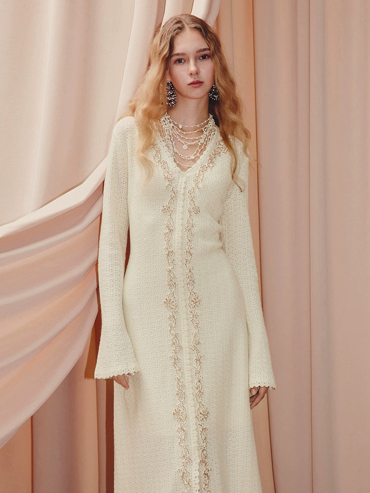Long Sleeve V Neck Wool Knitted Dress