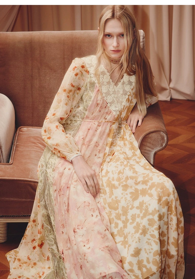 Floral Print V Neck Silk Long Sleeve Maxi Dress