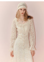 Square Neck Ruffled Long Sleeve Lace Midi Dress