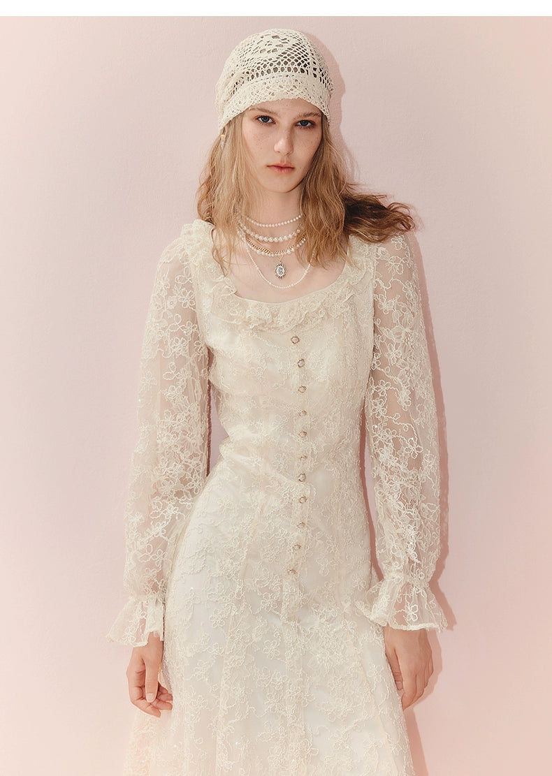 Square Neck Ruffled Long Sleeve Lace Midi Dress