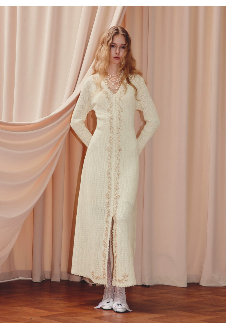 Long Sleeve V Neck Wool Knitted Dress