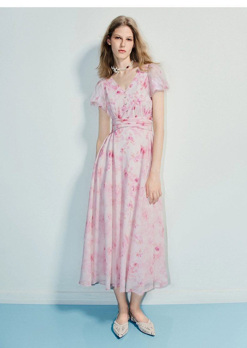 Chiffon Floral Print V Neck Pleated Short Sleeve Midi Dress