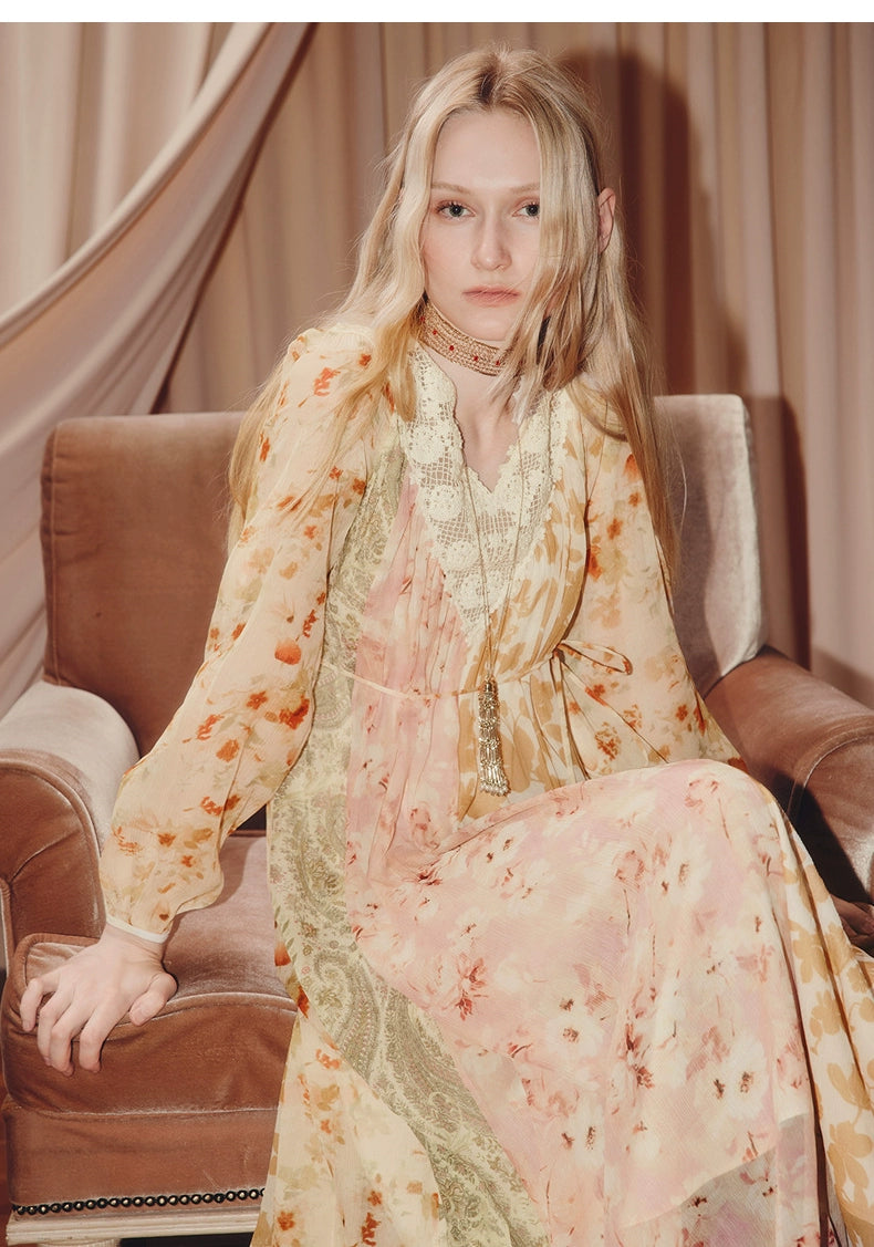 Floral Print V Neck Silk Long Sleeve Maxi Dress