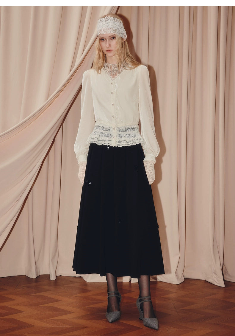 Velvet Lace V-neck Long-sleeved Top