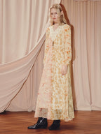 Floral Print V Neck Silk Long Sleeve Maxi Dress